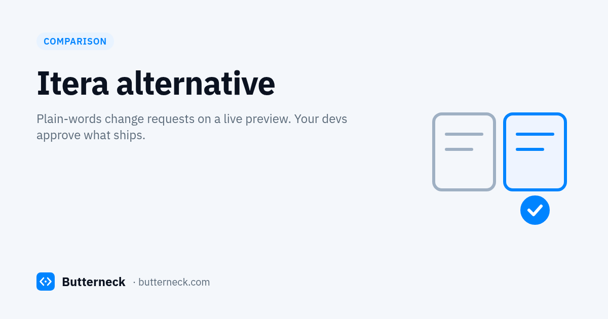 Butterneck blog cover: Itera alternative. Plain-words change requests on a live preview, and your developers approve what ships