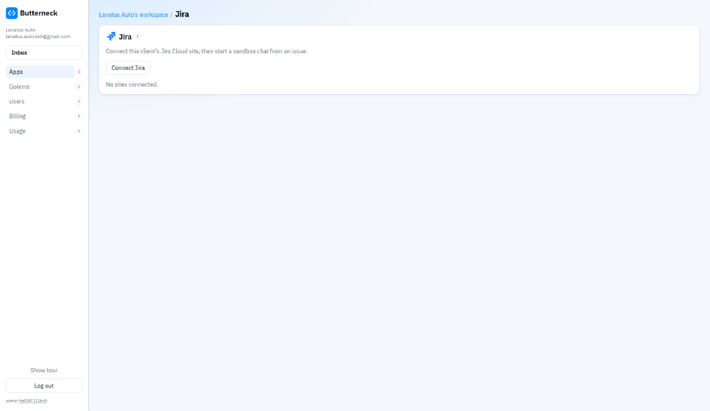 Butterneck workspace settings with the Jira Cloud integration ready to connect